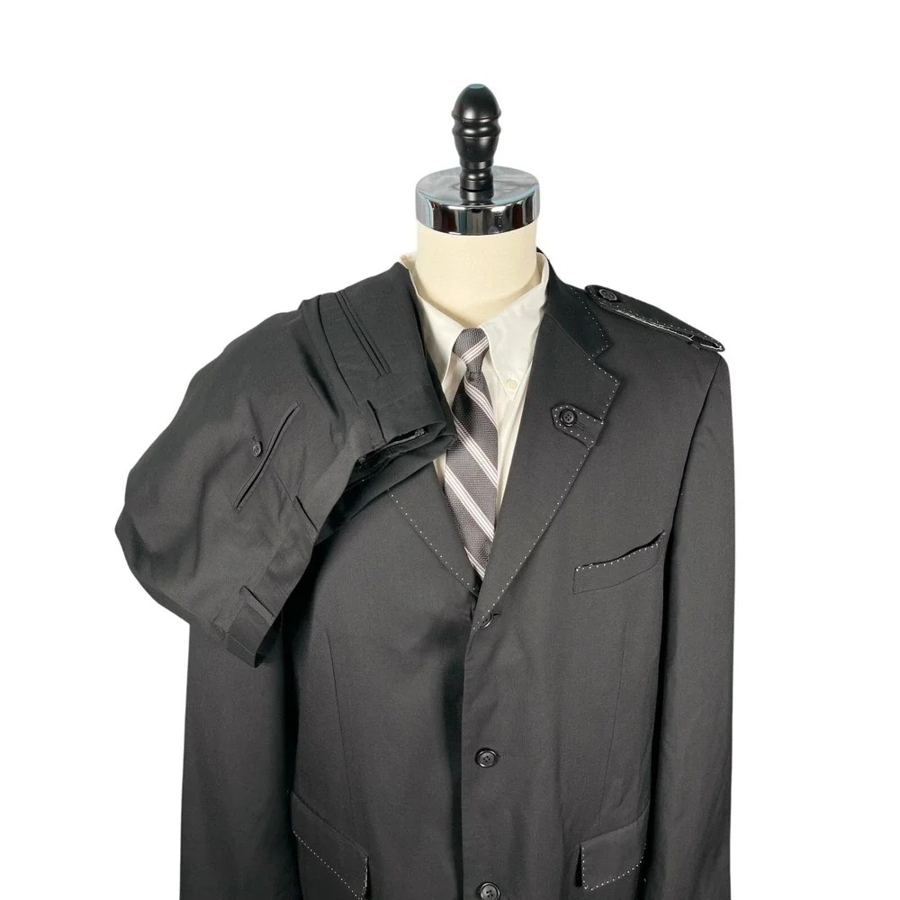 Crème de Silk‎ 2pc Suit 3XL Black with White Topstitch Wool Pleated Pants 43x32